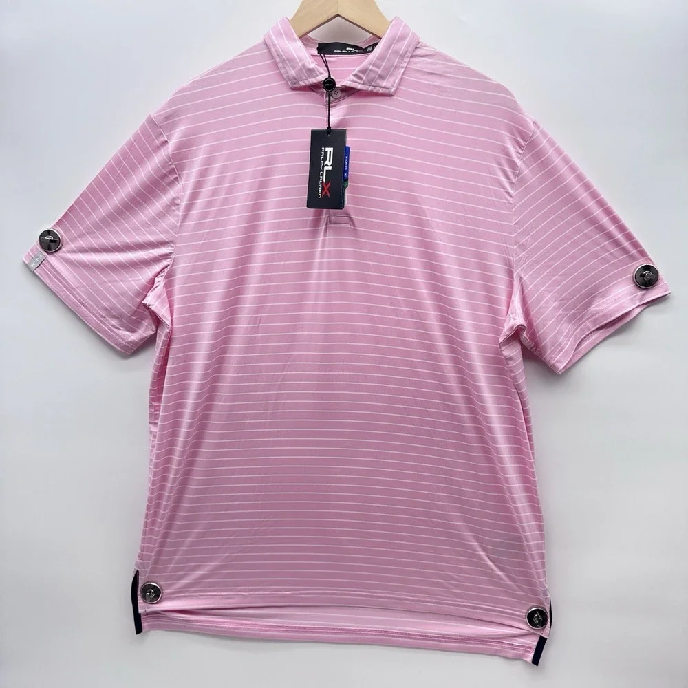 Ralph Lauren RLX Golf M2 Polo Shirt Short Sleeve Striped Pink/White SZ Large NWT